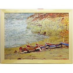 Sandra Tipper-Wolverson (British Contemporary): Fishing Cobles at North Landing Flamborough, oil on board 86cm x 118cm
Notes: Sandy studied Art and Design at Hull College of Art as a mature student, specialising in Fine Art and graduating in 1982 with a BA Honours. She was also a lecturer on the foundation course at the Polytechnic. Having shown widely she has a nationally recognised reputation for running workshops and is a past member of the Fylingdales Group 2006-2014


