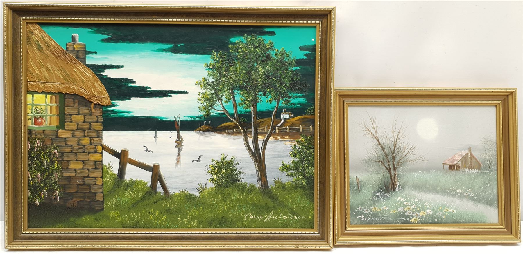 Edward 'Ted' Dyer (British 1940-): Fly Fisherman, oil on canvas signed 39cm x 29cm; Colin Richardson (British 20th century): Boats at Twilight, oil on board signed 32cm x 45cm; Philip Sandee (British 20th century): House by a Meadow, oil on canvas signed 19cm x 25cm (3)