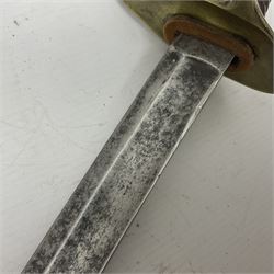 19th century French 1822 Pattern Light Cavalry trooper's sword with 88.5cm slightly curving fullered blade, brass three-bar hilt and wire-bound leather grip; in polished steel scabbard with two suspension rings L110.5cm overall