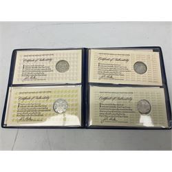 The Royal Mint United Kingdom 1984 brilliant uncirculated coin collection, 1997 and 2001 commemorative crown coins, 1997 old round one pound, all in card folders and four sterling silver medallic first day covers from the 'Great Britons' collection housed in a blue folder