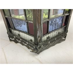 Victorian brass and stained leaded glass hall lantern, of hexagonal form, supported by four domed arms and pierced fret, H46cm W20cm