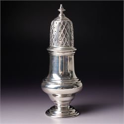 Silver vase shape sugar caster H15cm London 1975 Maker C J Vander Ltd and a George III silver sauce boat with crimped rim and 'C' scroll handle London 1763 Maker possibly William Skeen