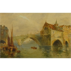  Ouse Bridge York, watercolour signed and dated 1893 by Caroline Audley, Rural Landscape, watercolour signed by Fairfax Cameron, 'Hazy Sunrise' and 'Sunset', two colour prints after Garman Morris max 51cm x 18cm (4)  
