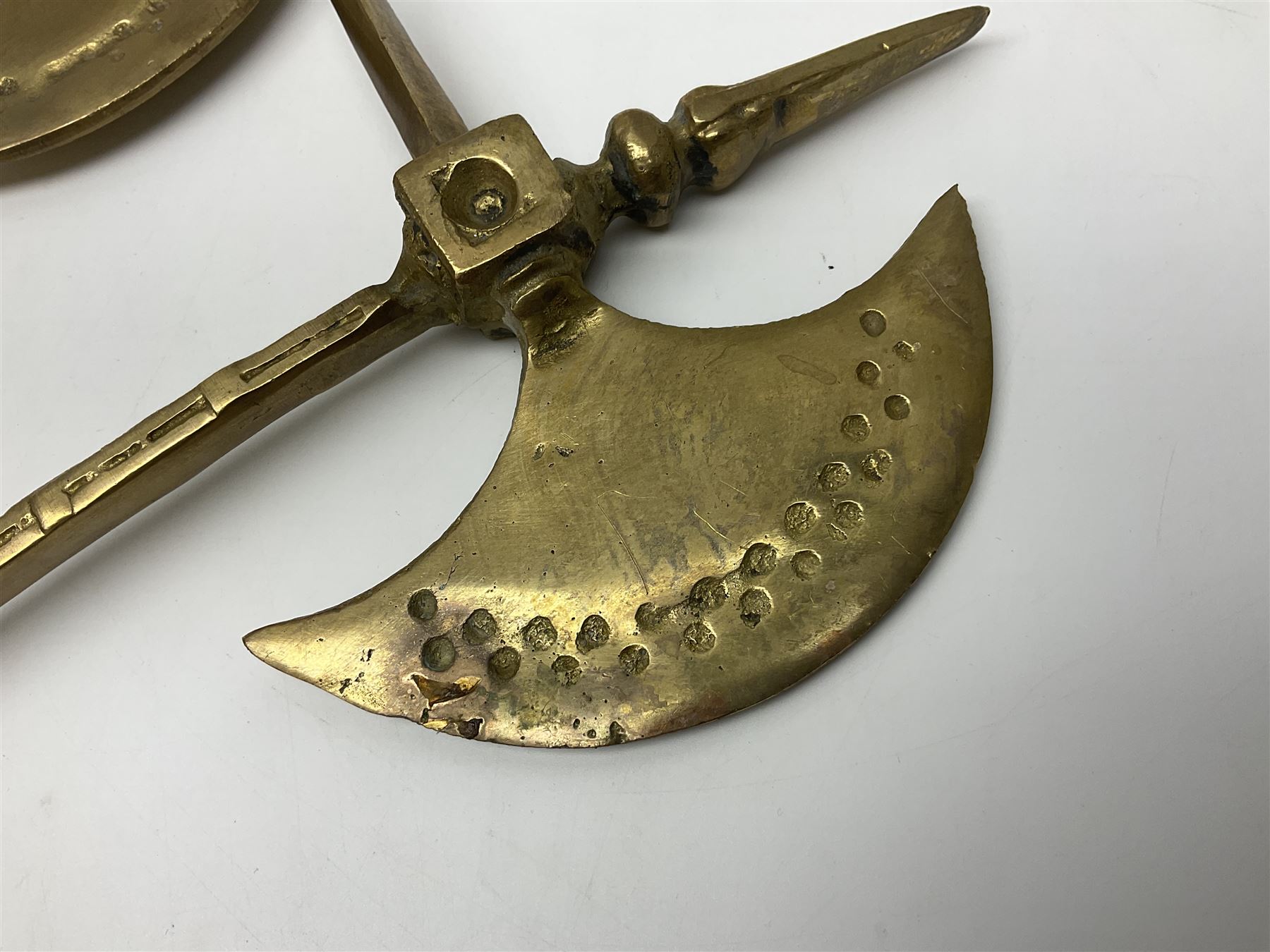Ornamental cast-brass double-headed axe, together with another similar, H44cm
