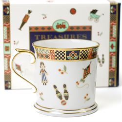 Royal Crown Derby 'Treasures of Childhood' miniature tea service, together with Humpty Dumpty figure, ragdoll, mug, and miniature sugar bowl, all boxed 