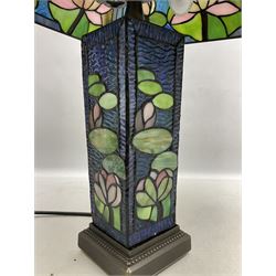 Tiffany Pond Lily style table lamp and shade with leaded panels of green, pink and rippled blue water effect ground, raised upon brushed metal base, H50cm