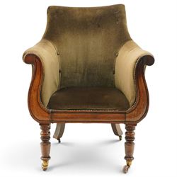 William IV mahogany framed lyre shaped library armchair, high back over scrolled arms and ...