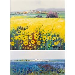 Miguel Torres (Spanish 1948-): Field of Sunflowers and Field of Blue Flowers, two oils on ...