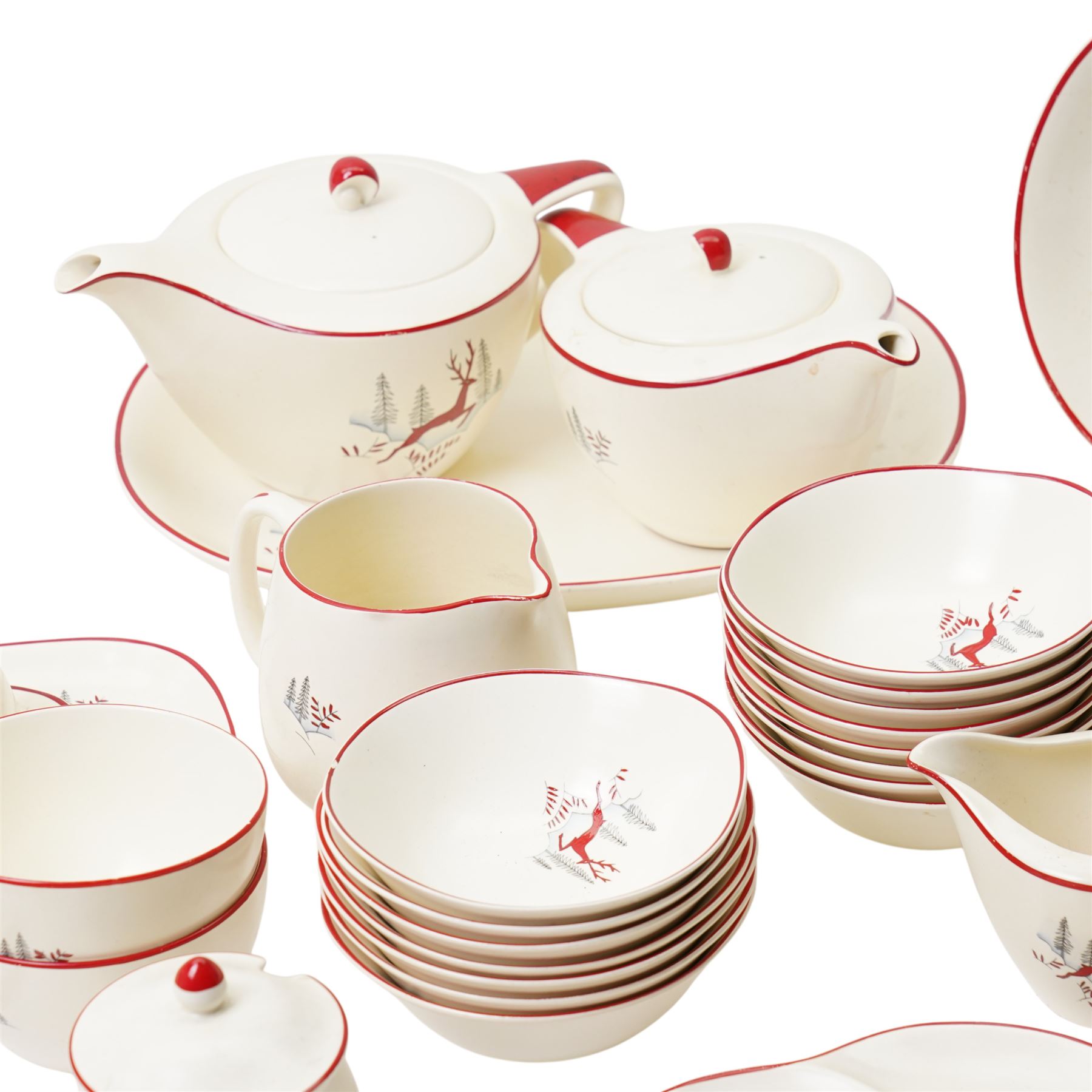 Various Crown Devon Fieldings Stockholm Deer pattern 1950s tea and dinner wares, popularised by Nigella Lawson, comprising a 40 plates of graduating sizes, 18 saucers, 15 bowls, two teapots, large serving bowl, egg cups, milk jugs, sucrier, 10 teacups and two larger mugs, etc