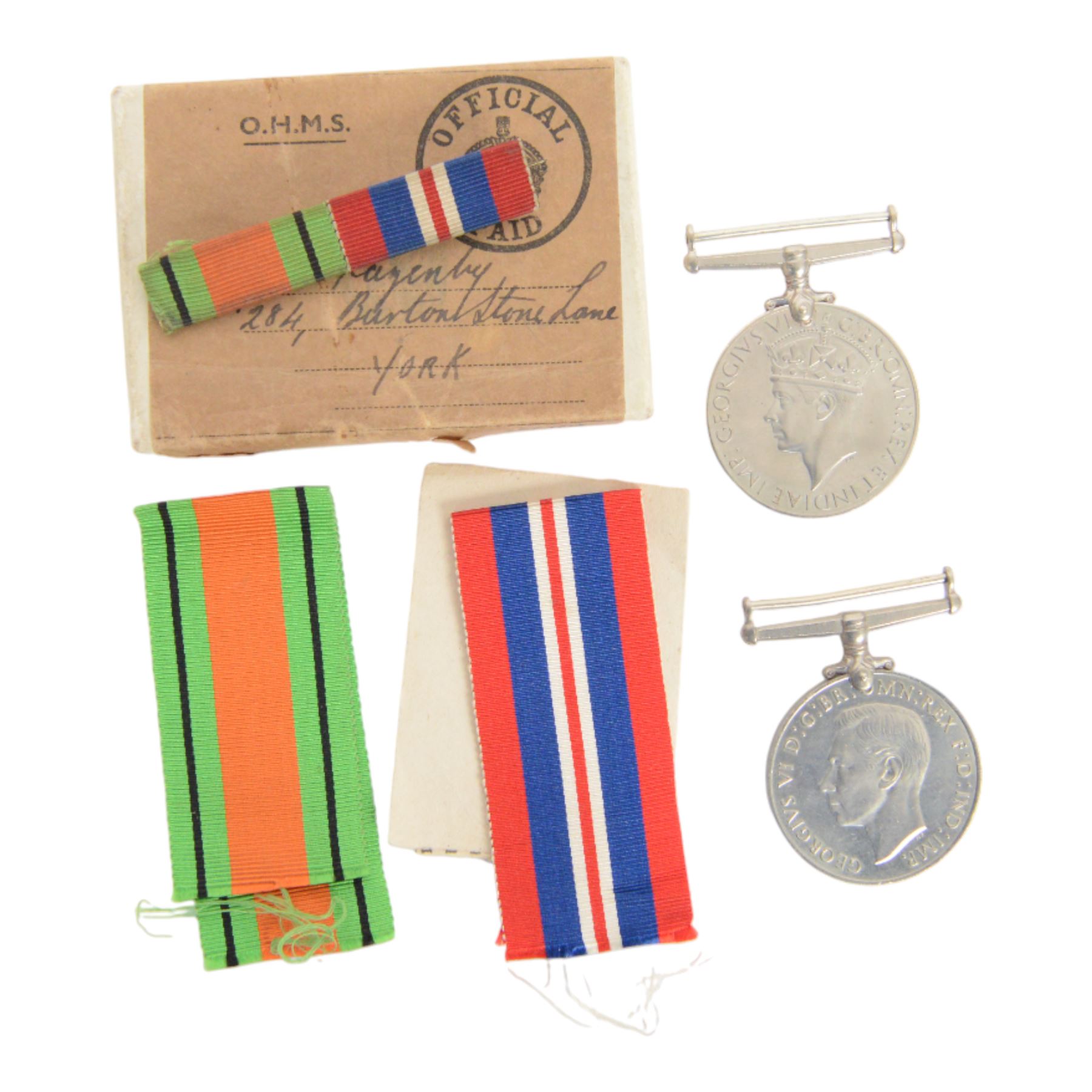 Three sets of WWII medals, comprising trio 1939-45 Star, French and German Star and War medal, awarded to D W Nightingale, trio, 1939-45 Star, Atlantic Star and War medal, awarded to GH Eaton and pair defence and war medal awarded to S Lagenly, all awarded to soldiers from the York area   