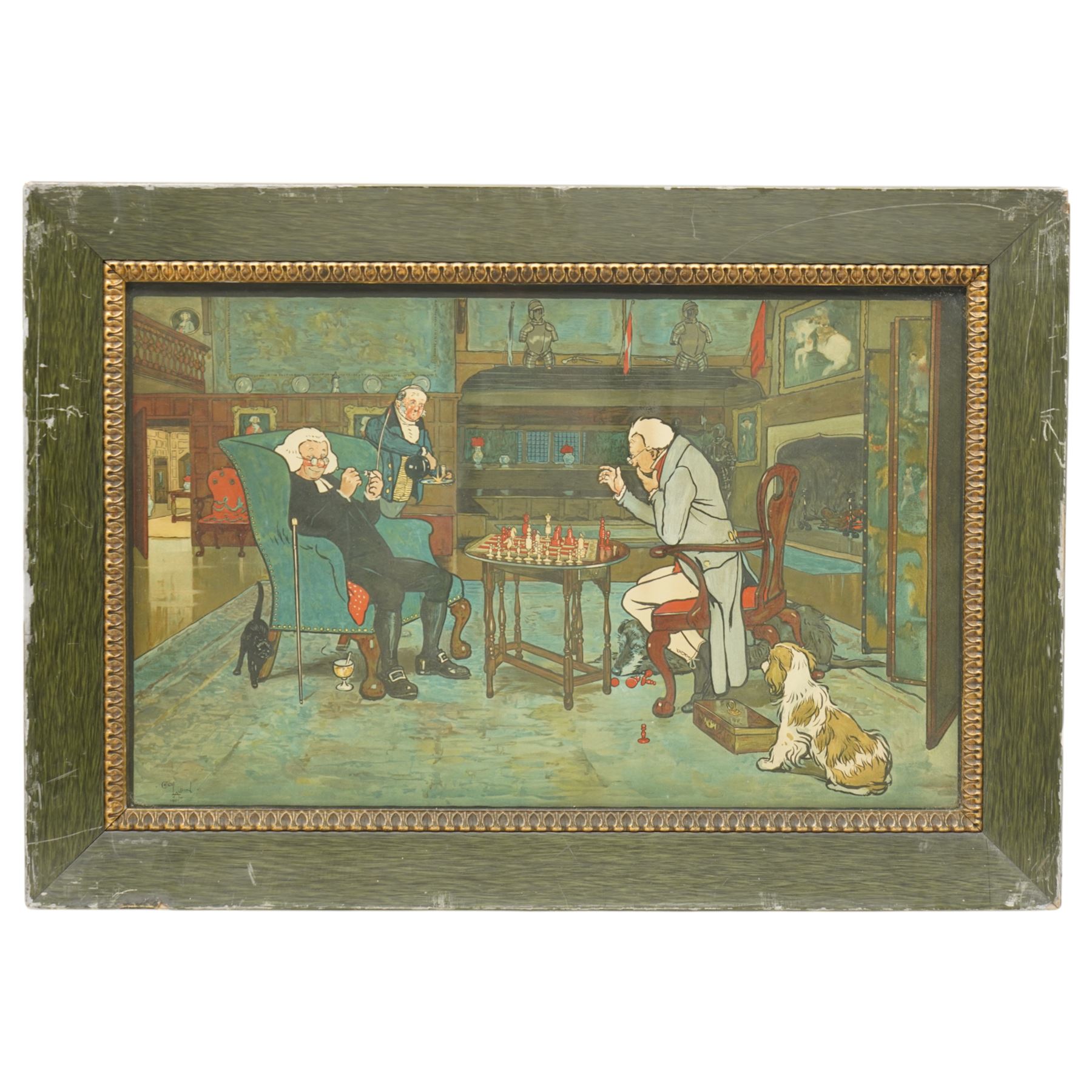 Cecil Aldin (British 1870-1935): 'Mated - a Game of Chess' 'Revoked - a Game of Cards' 'The Bull Inn' and 'Hunt at Breakfast', set of five chromolithographs, one signed max 42cm x 62cm (5)