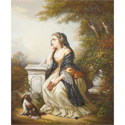 English School (19th century): Portrait of a Victorian Lady and Spaniel, pastel indistinctly signed with initials ARG 46cm x 38cm