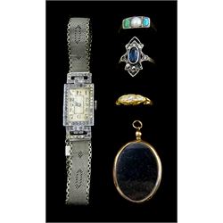 Early 20th century 18ct gold five stone diamond ring, gold turquoise and pearl ring, gold oval glazed locket pendant both 9ct, silver paste stone set manual wind wristwatch, on white metal bracelet and a gold and silver stone set ring