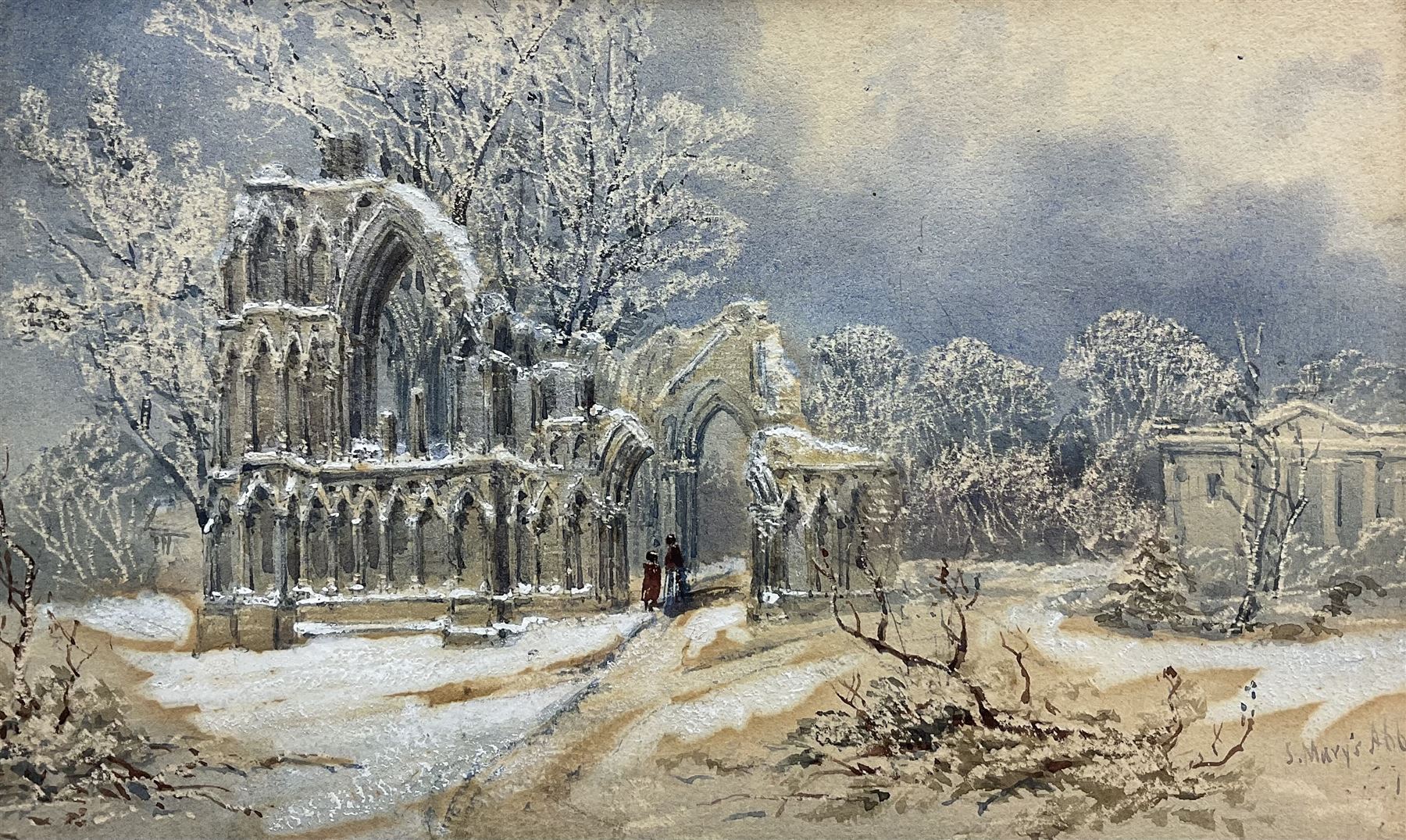William James Boddy (British 1831-1911): 'St Mary's Abbey' in the Snow - York, watercolour heightened with white unsigned, titled and dated 187*, 14cm x 23cm