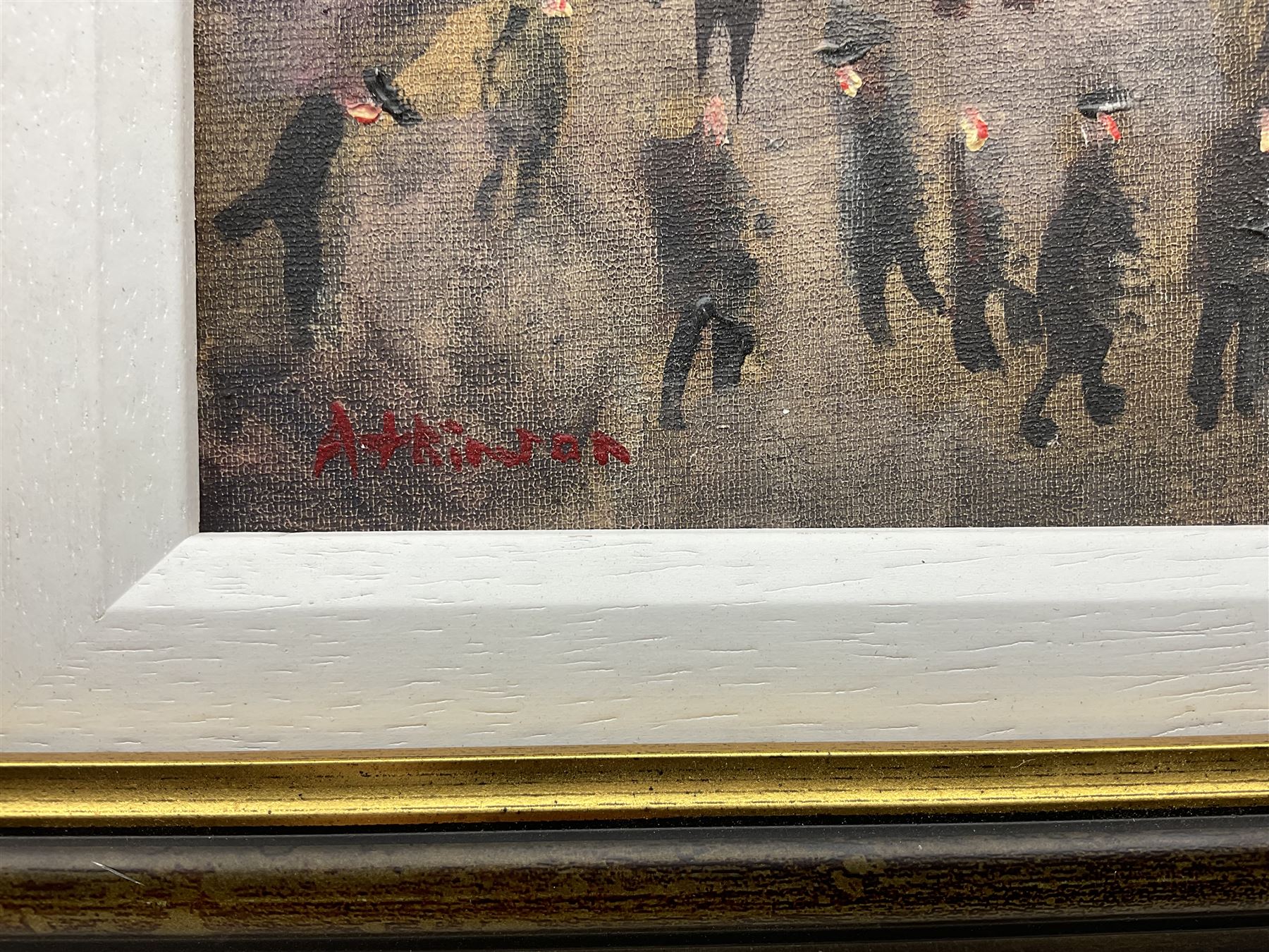 Sue Atkinson (Northern British 1949-2021): Busy London Street, oil on board signed 23cm x 34cm