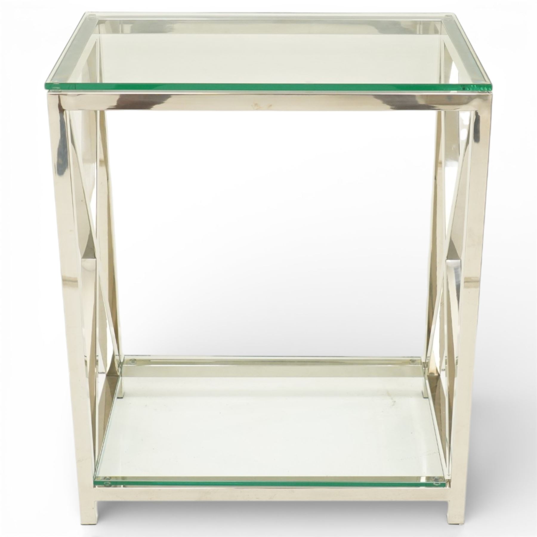 Pair of modern chrome lamp tables, rectangular plate glass top on polished chrome frame, the sides formed with X-frame stretchers, raised on square supports with lower glass tier 