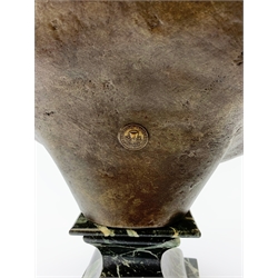 After R. Nannini, large bronzed spelter head and shoulder bust of Napoleon wearing a laurel wreath, on variegated green marble base with gilt metal 'N' and eagle, bears signature and Paris France fabrication medallion H54cm