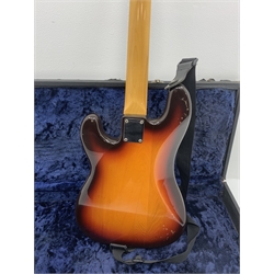  Fender Squier Series Precision Bass electric guitar, serial no. JV02074, L116cm, in hard carrying case with strap. From the collection of the late John Burgess of Beverley who played in the bands Penjants, Wine, Strollers, Revox, Sound Foundation, Pickle Belly Alley, Ragamuffins and Jerryattricks