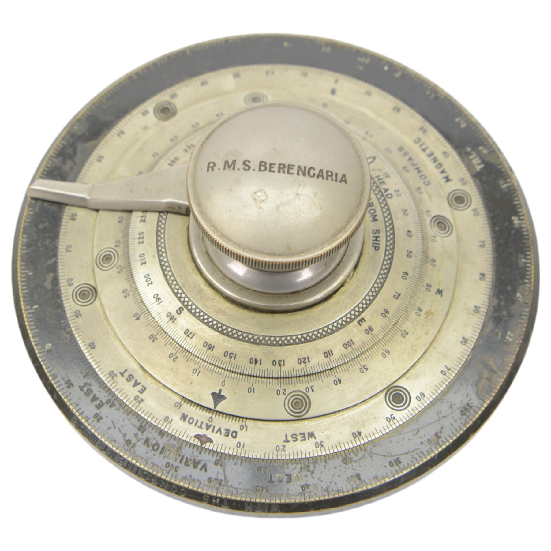 The Marconi International Marine Communication Co. course bearing corrector, circa 1920s, with three polished steel dials and an outer oxidised steel dial, the threaded central handle inscribed R.M.S. Berengaria, D14cm