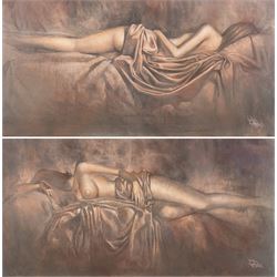 Nicolas Ruston (British 1975-): Reclining Nudes, pair of mixed media signed and dated '99,...