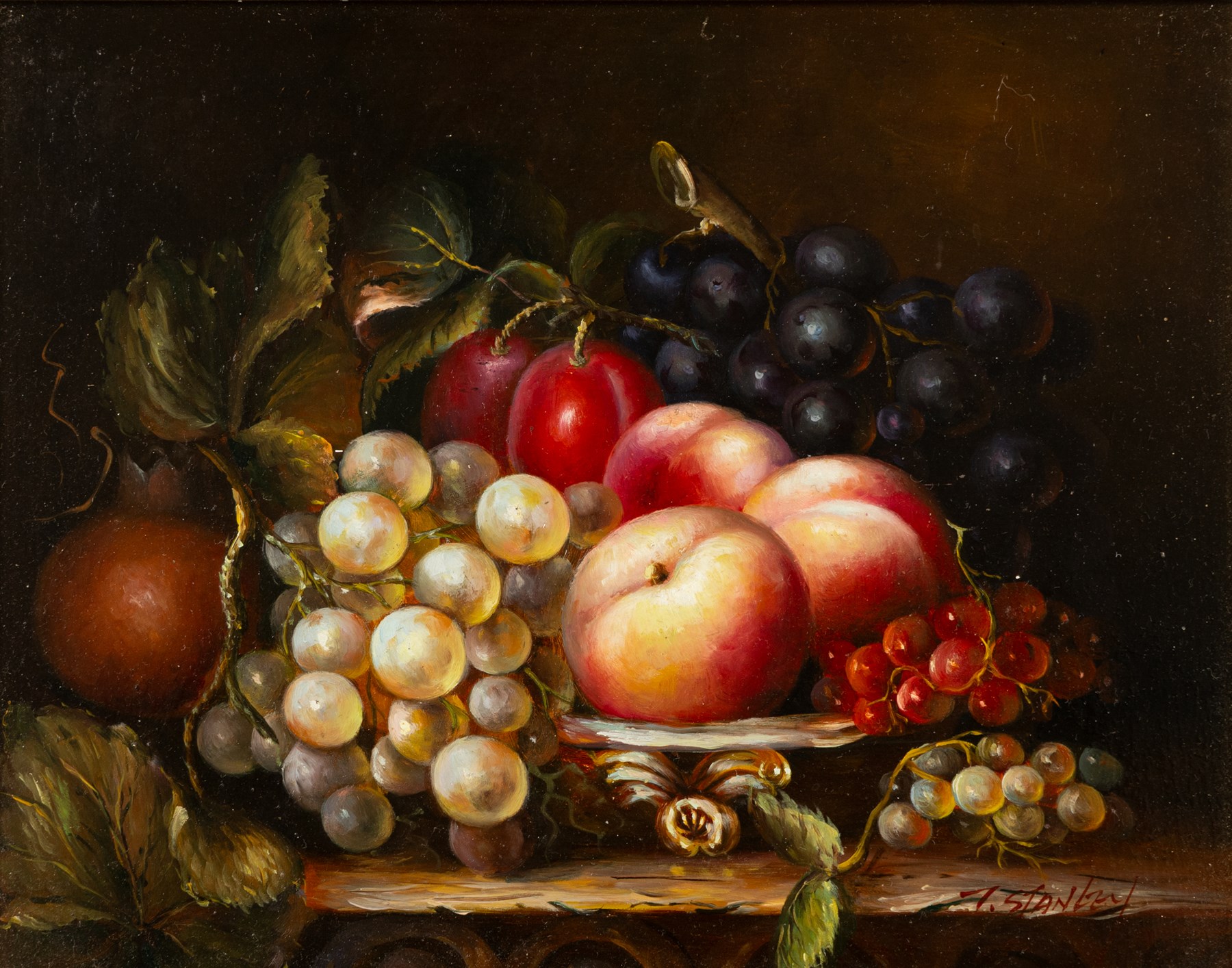 T Stanley (British late 19th/early 20th century): Still Lifes of Peaches Grapes and Foliage, pair of oils on board signed 19cm x 24cm (2)
