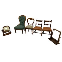 Victorian oak framed nursing chair, three dining chairs, two dressing table mirrors (6)