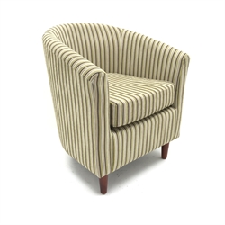  Tub chair upholstered in a beige ground striped fabric, turned tapering supports, W70cm  
