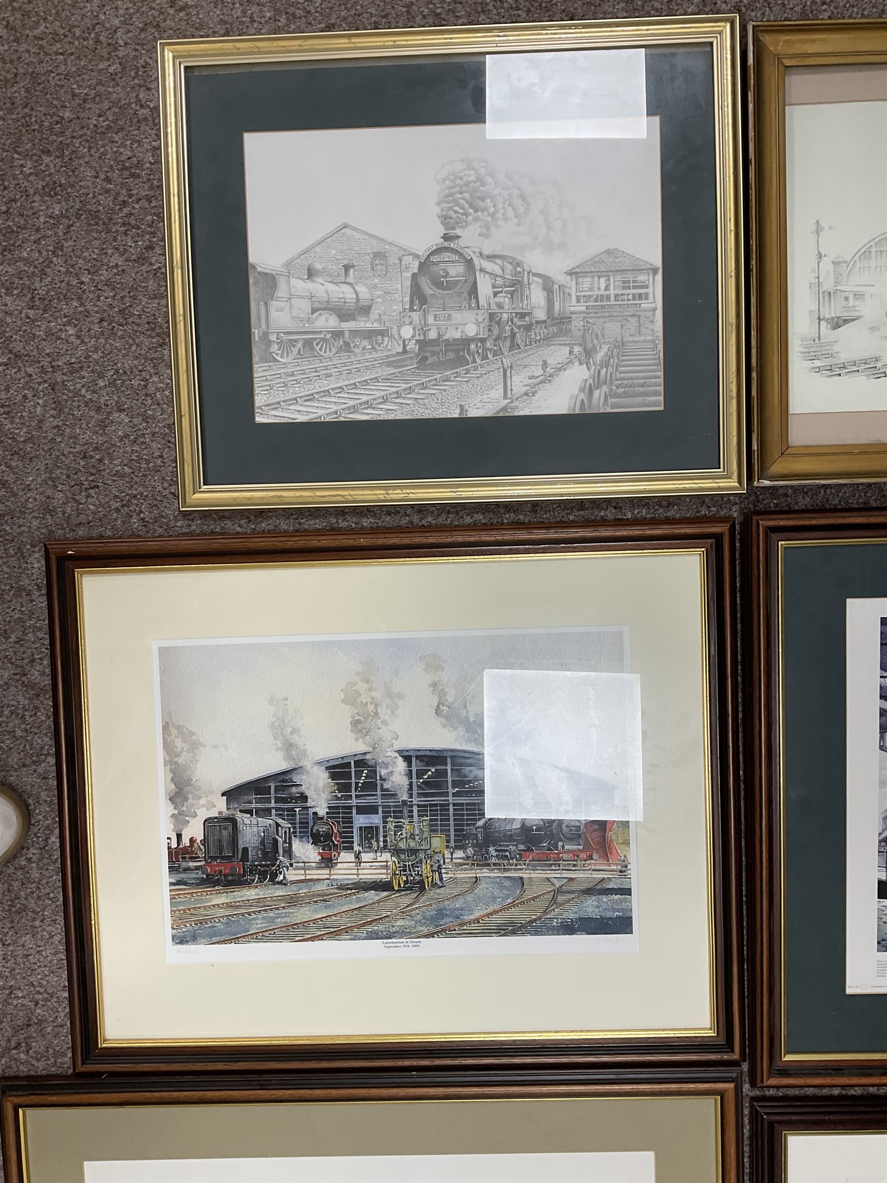 John Edwin Wigston (British 1939-): 'The Spirit of the North Eastern' '60163 Tornado' and four other Railway Prints, black and white and coloured prints signed in pencil max 35cm x 53cm (6)