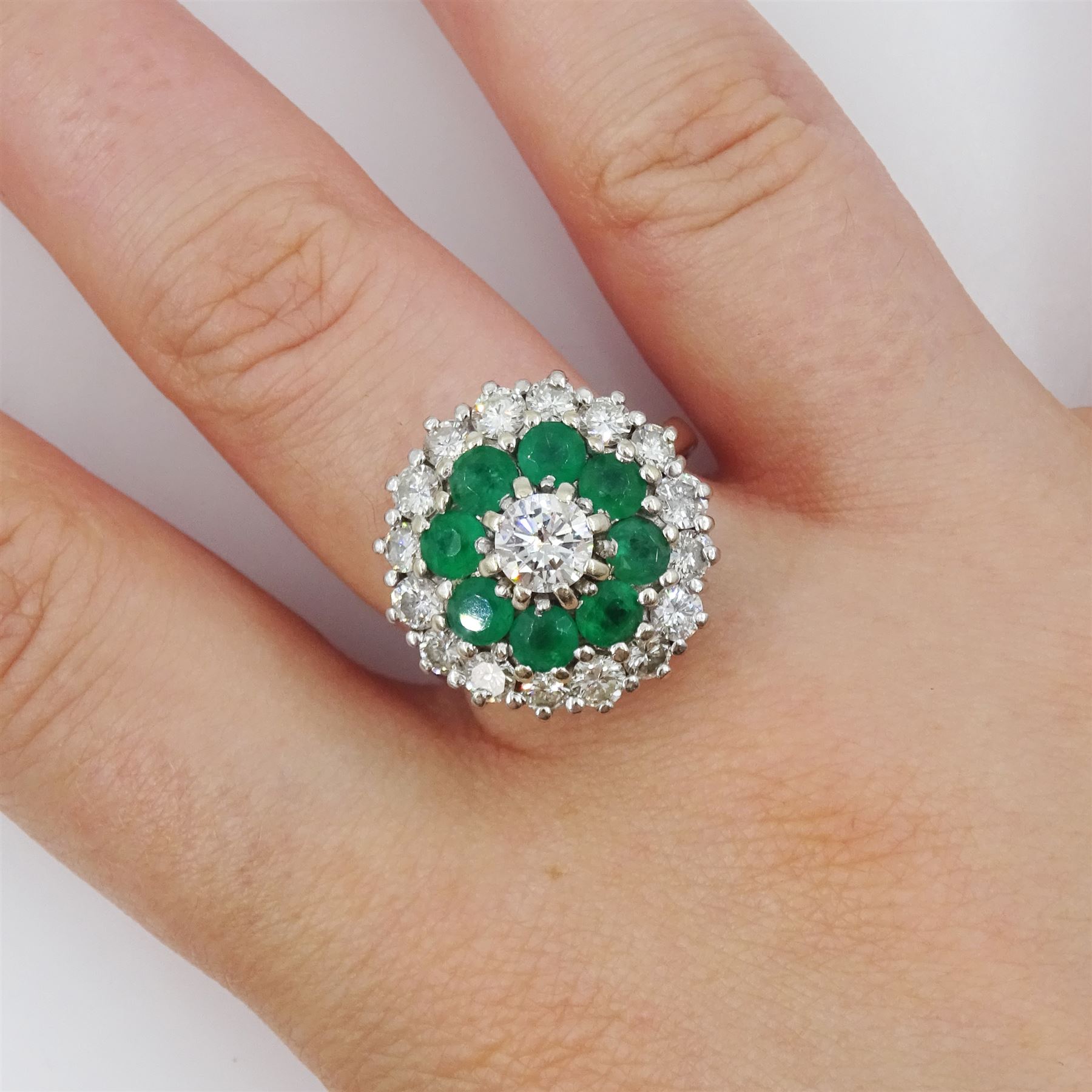 18ct white gold round brilliant cut diamond and round cut emerald cluster ring, principal diamond approx 0.45 carat, total diamond weight approx 1.55 carat