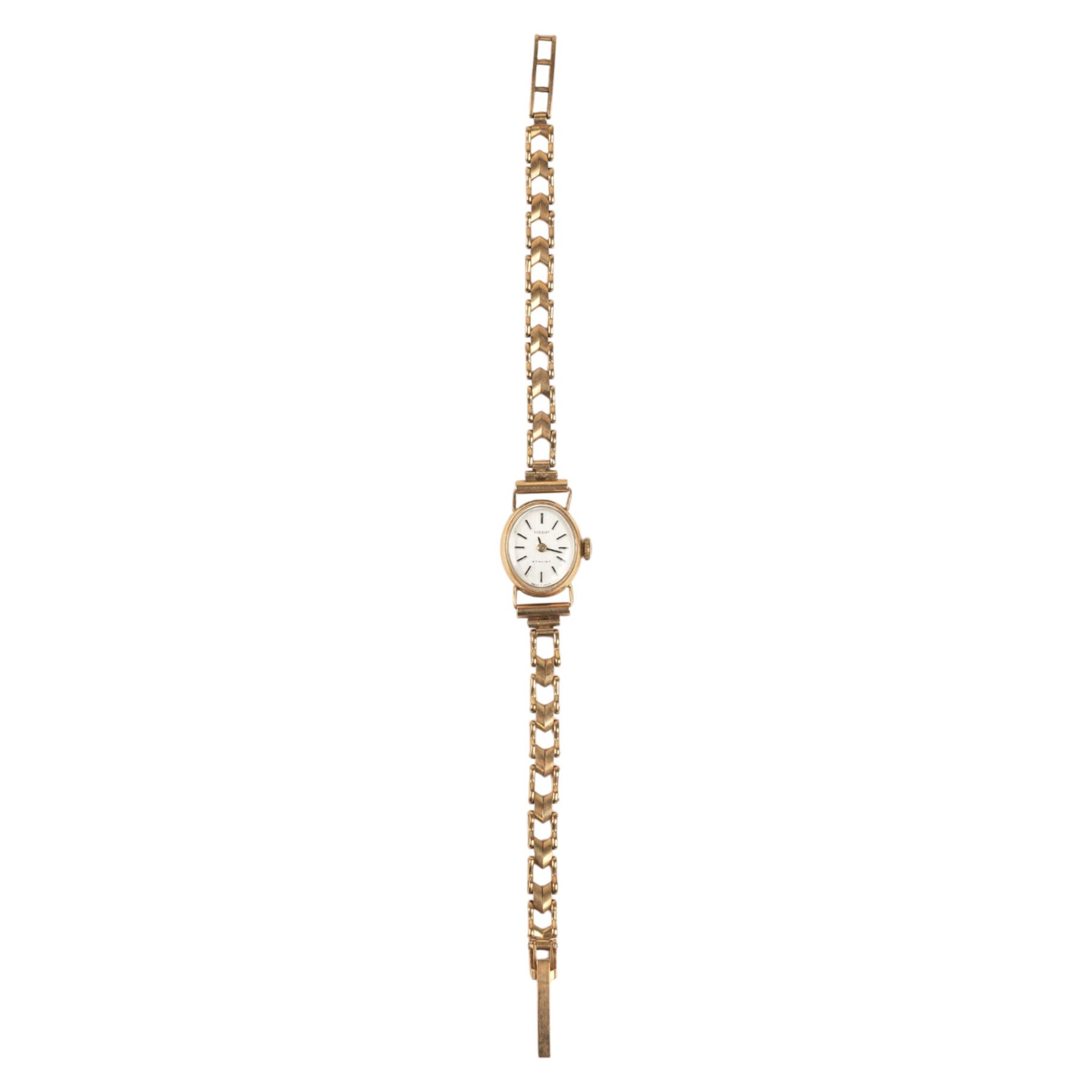 Tissot Stylist ladies 9ct gold manual wind wristwatch, on 9ct gold bracelet, hallmarked