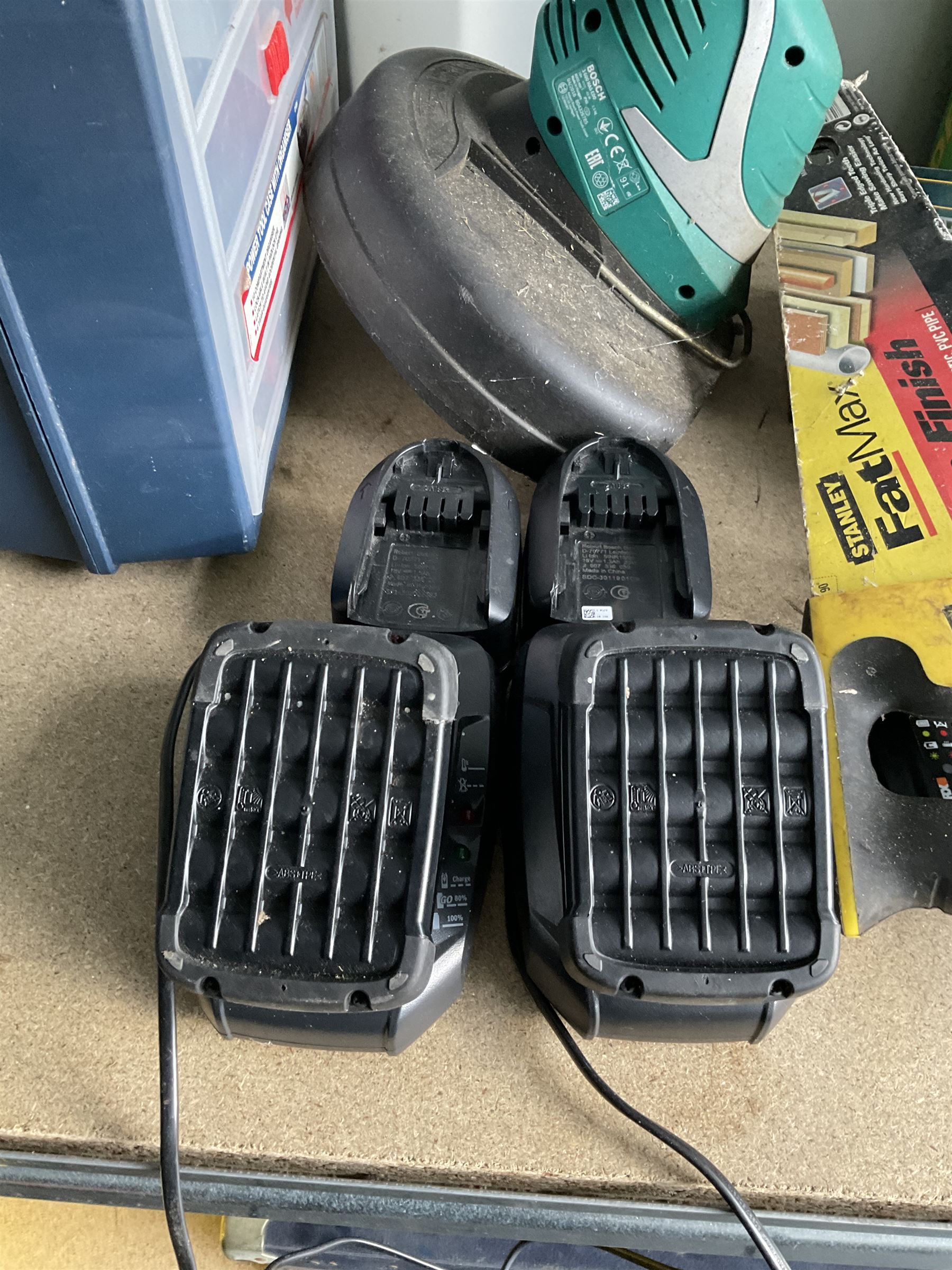 Bosch battery strimmer with four batteries and two chargers, Worx battery drill and pressure washer, (single battery), corded jigsaw and sander, screw and nail assortment station and other  - THIS LOT IS TO BE COLLECTED BY APPOINTMENT FROM DUGGLEBY STORAGE, GREAT HILL, EASTFIELD, SCARBOROUGH, YO11 3TX