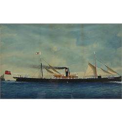 English School (19th/20th century): 'SS Whitehall' - Ship's Portrait flying the house flag of Whitby ship owners Thomas Turnbull & Son, watercolour heightened in white unsigned 38cm x 62cm
Provenance: never previously been on the open market
 