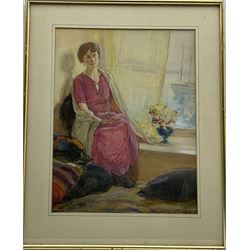 Ernest Borough Johnson (British 1866-1944): Lady in Pink with Harbour View through the Window, watercolour signed 44cm x 34cm