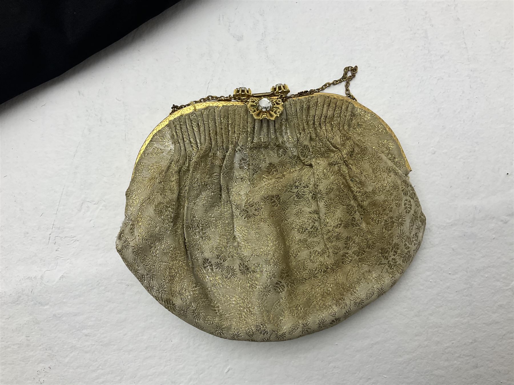 Victorian three piece mourning dress, with lace trim and jet beading, including velvet coat with satin collar panels and cuffs, the nipped waist with boning and slight flared peplum, heavily embellished beaded high neck collar, and ladies embroidered silk lined purse with gilt handle, mount and clasp