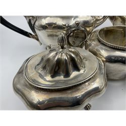 Five piece Edwardian silver tea service, comprising teapot and coffee pot, each with ebonised scroll handle, tea caddy with hinged cover, twin handled open sucrier, and milk jug, each of rounded bombe form, upon four paw feet, hallmarked William Adams Ltd, Birmingham 1904 and 1905, coffee pot H26cm
