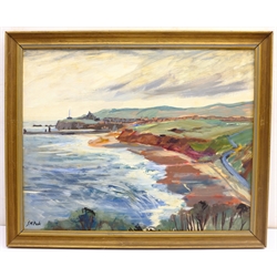 Joan M Pook (British 1927-2011): 'Whitby' from Lythe Bank, oil on board signed, title label verso 34cm x 43cm