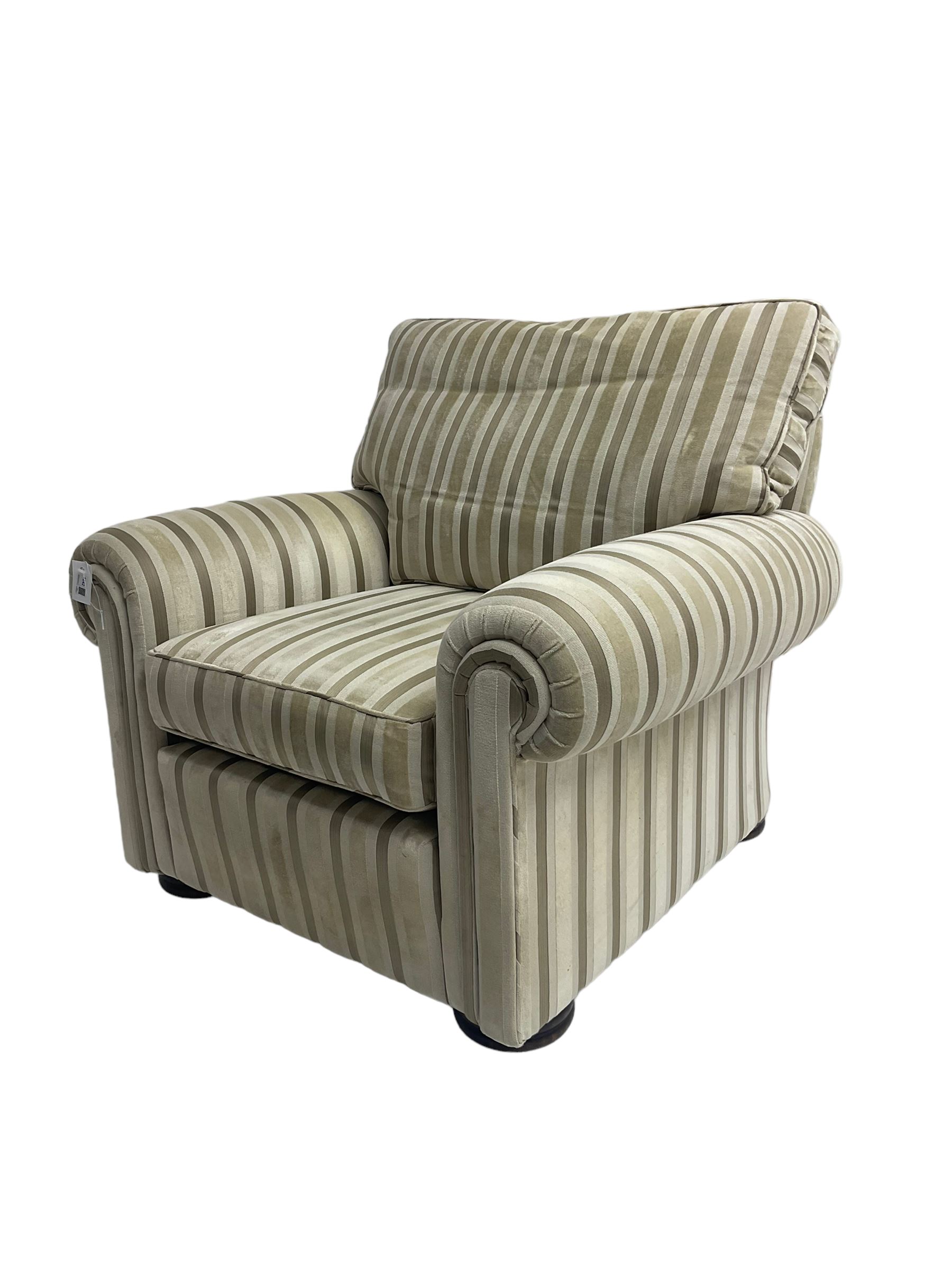 Duresta - 'Waldorf' armchair, in neutral striped fabric, on compressed bun feet
