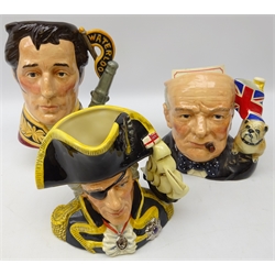  Three Royal Doulton Special Edition Character jugs Winston Churchill D6907 with certificate, Vice-Admiral Lord Nelson D6932 & Duke of Wellington D6848 (3)  