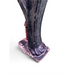 Neoclassical design cast iron and oak slatted garden bench, the twin end supports in the form of a Sphinx with acanthus carved knees and large paw feet, the pierced lattice bracket with Yorkshire rose motifs