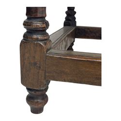 Late Victorian oak side table, rectangular top with moulded edge and frieze drawer with brass handle, raised on turned bulbous supports united by square-section stretchers