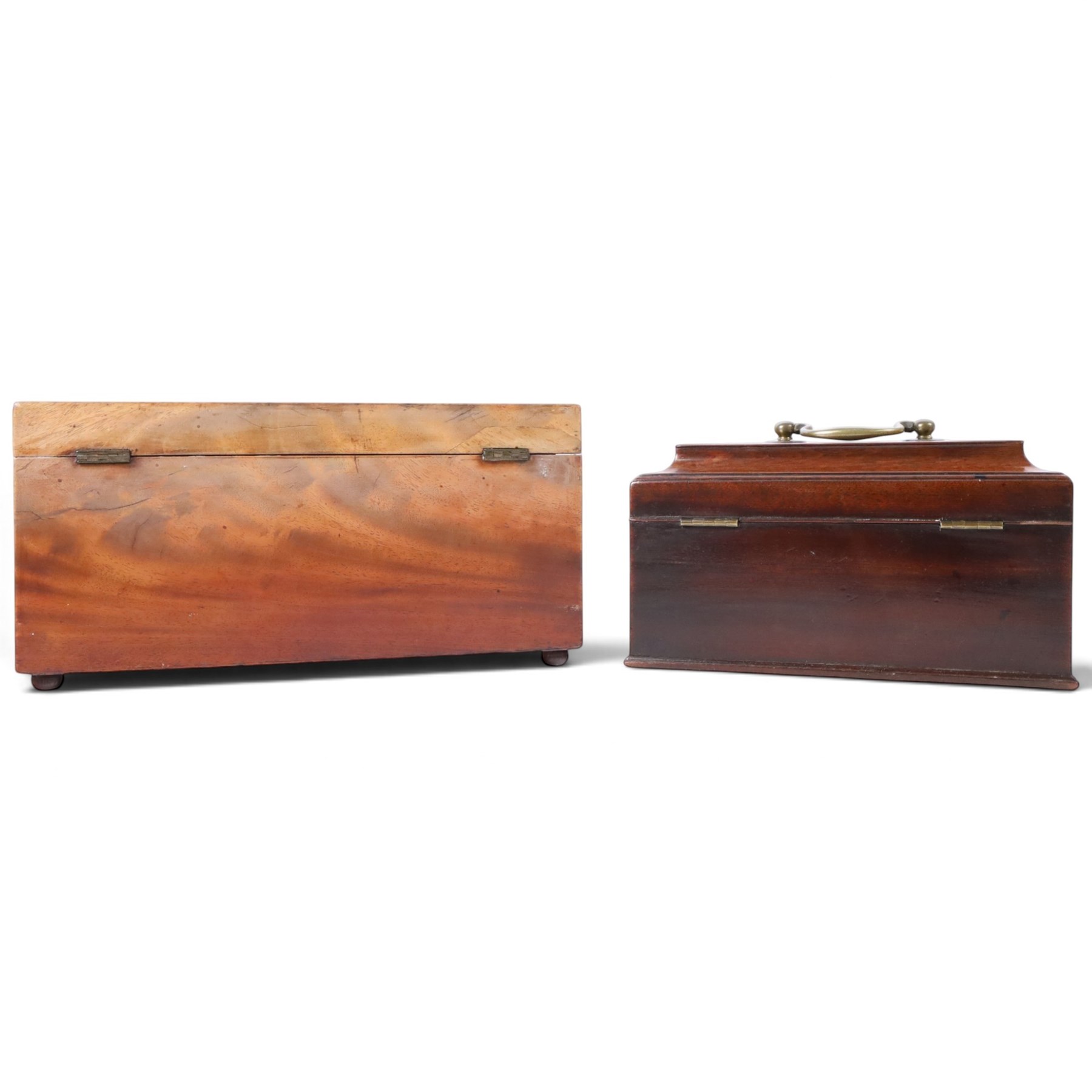 William IV figured mahogany tea caddy enclosing three hinge top lift-out compartments, together with 18th century mahogany tea caddy and circular mahogany coaster, William IV H15cm