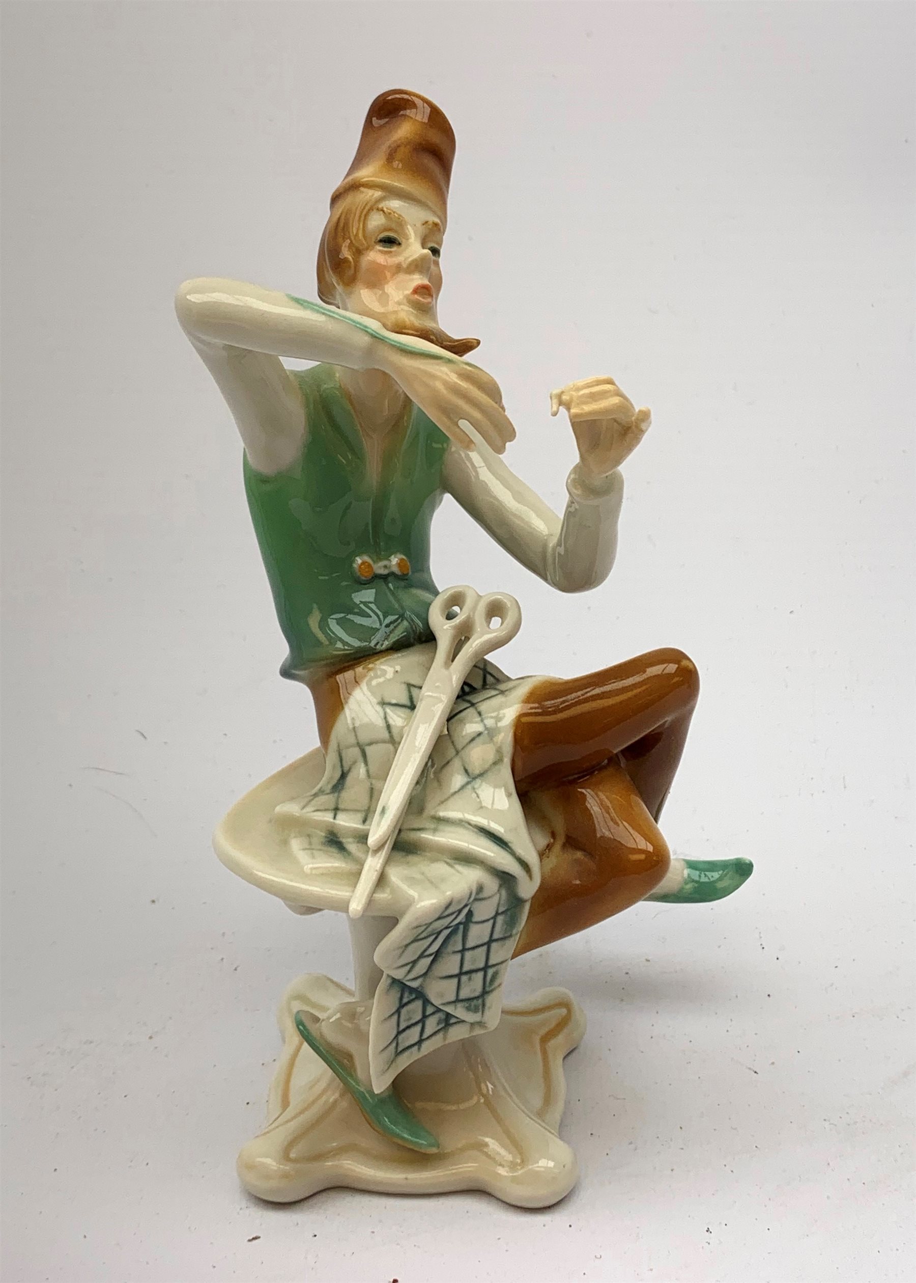Three 20th century Karl Ens figurines, the first modelled as Uncle Fritz, the second modelled as Bock the Tailor, the third modelled as a sprightly female figure, each with printed blue mark to base, largest H20cm. 