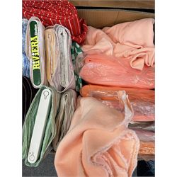 Haberdashery Shop Stock: Rolls of fabric to include striped cottons, polkadot tulle, stage satin, lace fabric, netting, cotton Jersey, lining fabric, felt and others (qty)