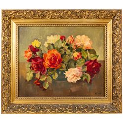 Mary Goudie Simpson (British 1869-1934): 'Vegetable Stall - Bruges', gouache signed, titled verso; Jean Fletcher (British 20th Century): 'St Anne's Square', mixed media signed and dated '95; together with two still lifes, oils on board signed K T and L I Warburton one dated 1906 max 45cm x 45cm (4)