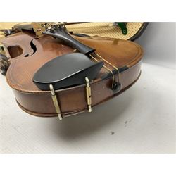 German copy of a Maggini violin c1900 with 35.5cm two-piece maple back and ribs and spruce top, bears label 'Maggini Deutsche Arbeit 1866' L59cm; in carrying case with bow