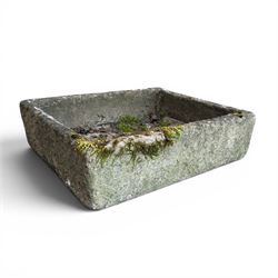 Three weathered composite stone rectangular planters, shallow form