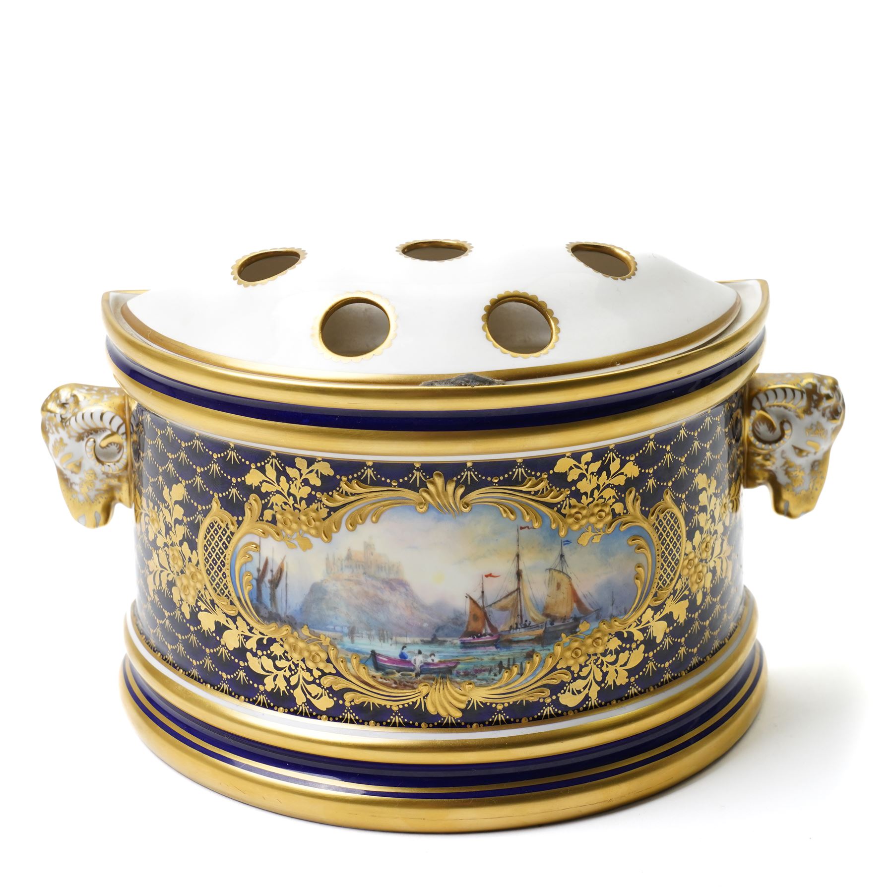 Lynton Porcelain Company demi-lune bough pot and cover, painted with naval scene, printed marks to base, W18cm 