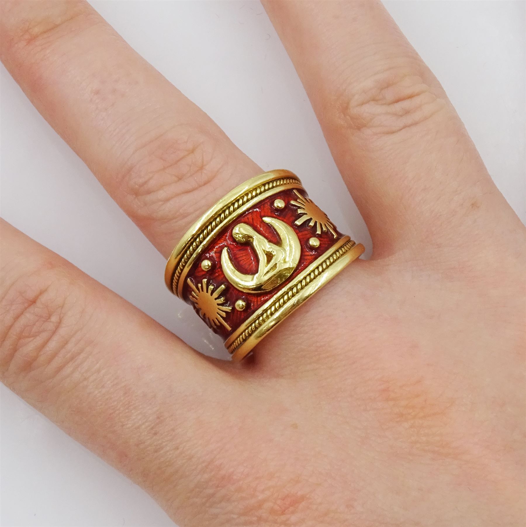 Elizabeth Gage 18ct gold and red enamel Virgo zodiac ring