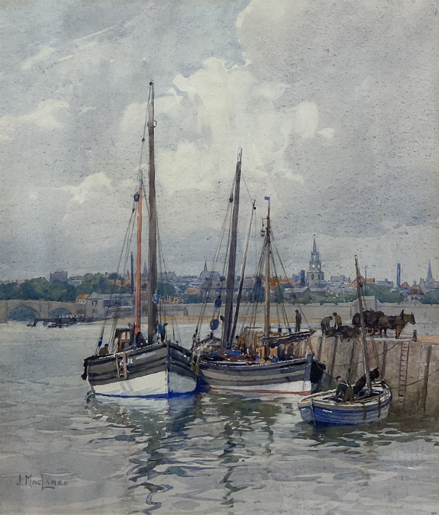 James MacLaren (Scottish 1881-1917): Boats Moored on a Scottish River, watercolour signed 34cm x 29cm 