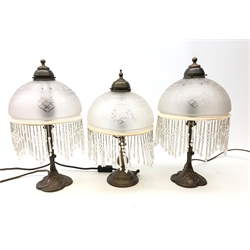  Pair Art Nouveau style bronze finish table lamps with beaded glass shades and matching lamp, H45cm max (3)  